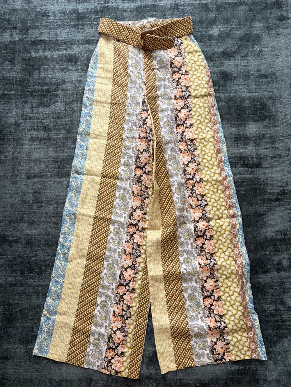 Striped Floral Wide-Leg Boho Pants in Yellow, Blue & Brown